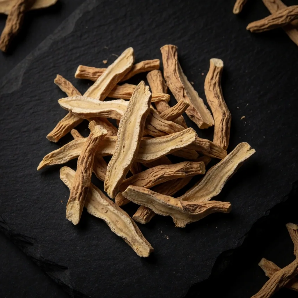 Raw ashwagandha root photographed on dark slate