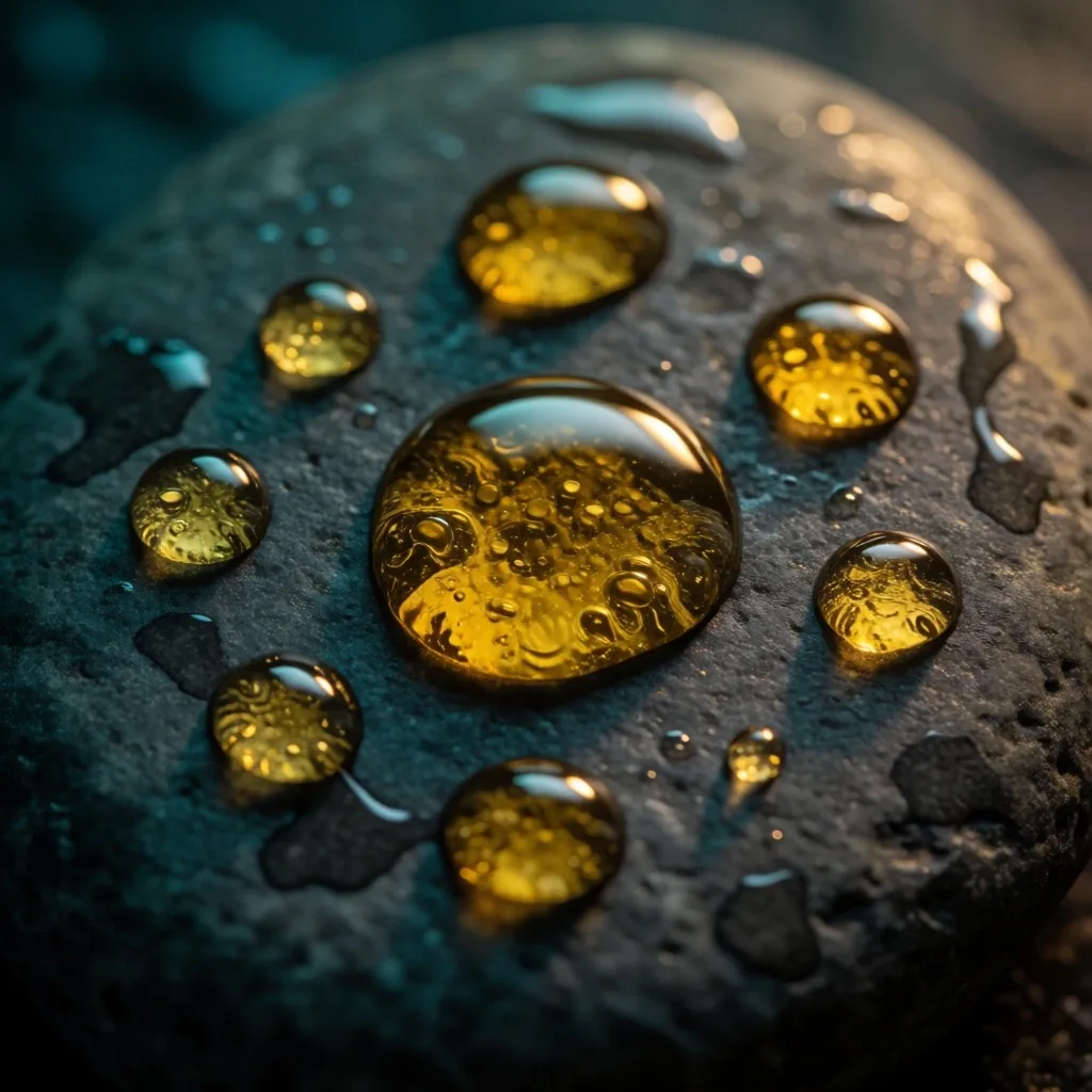 Vitamin D3 oil droplets on dark stone