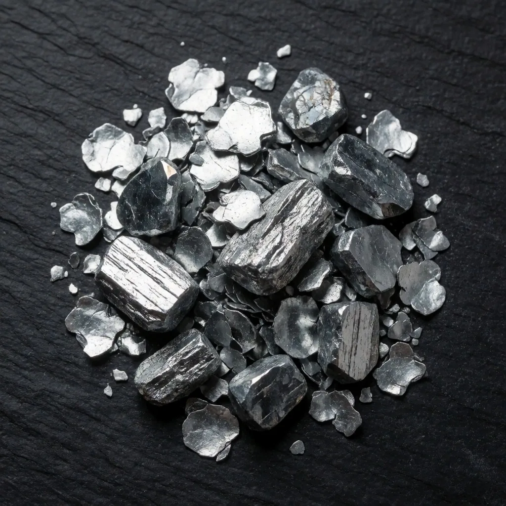Crystalline mineral shards of zinc and magnesium on a dark graphite surface