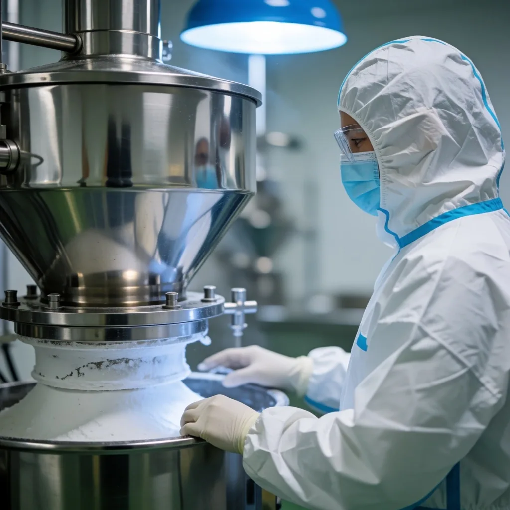 Interior of a nutritional powder blending facility with stainless steel equipment