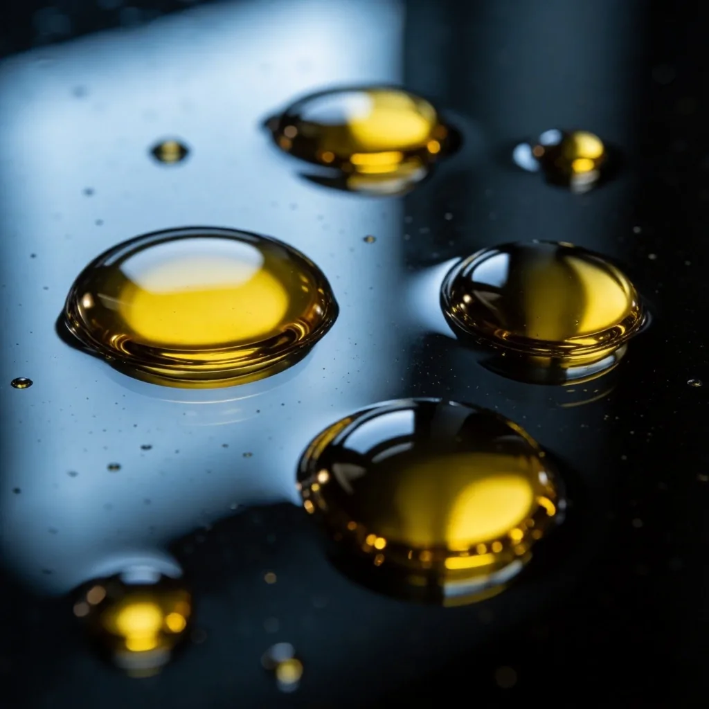 Algae oil droplets on dark glass
