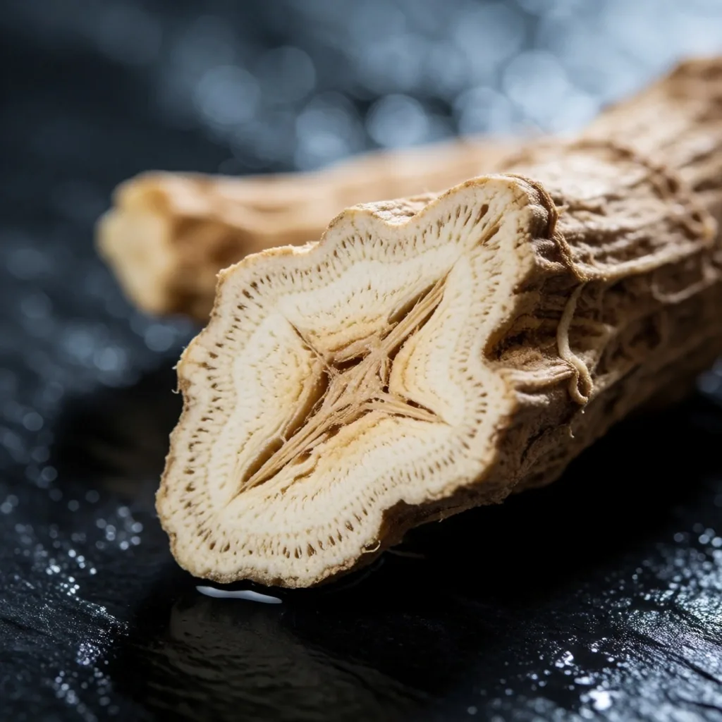 Ashwagandha root cross-section on dark surface
