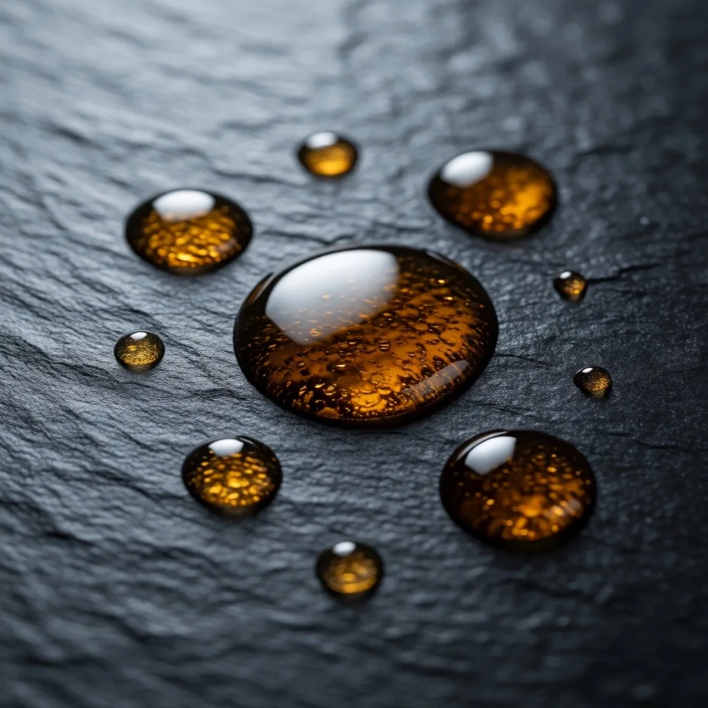 Vitamin D oil droplets on dark surface
