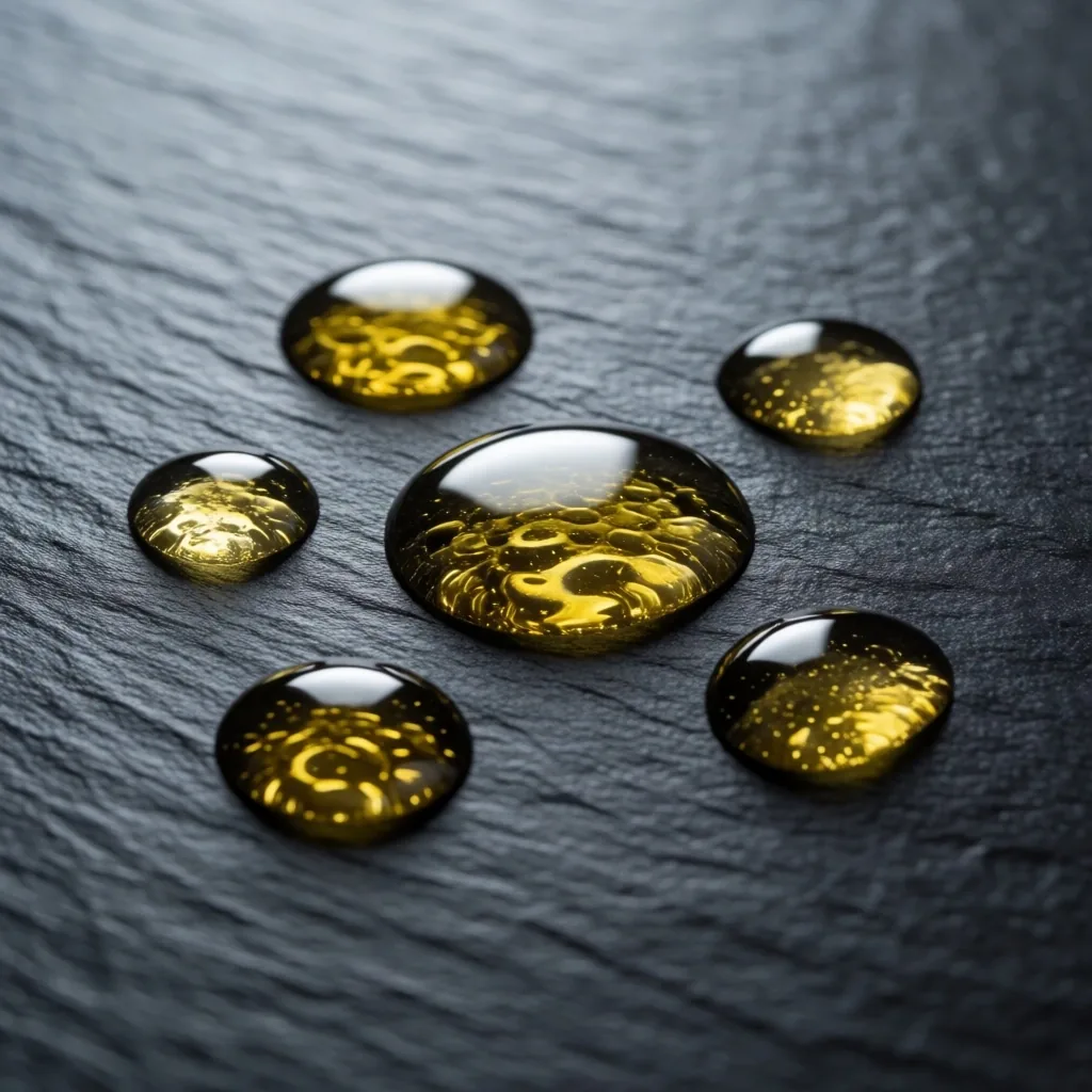 Close-up of vitamin D3 oil droplets on a dark surface