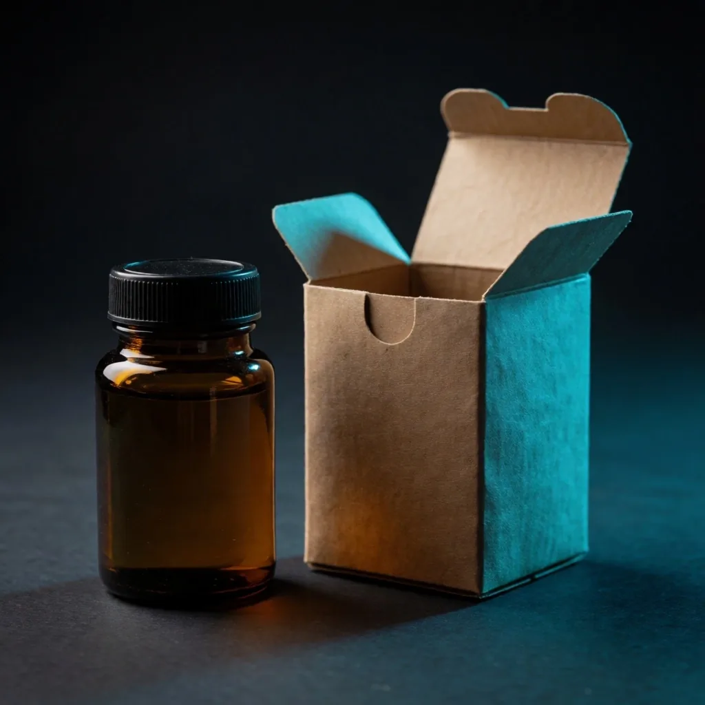 PureVitals supplement bottle and open return box on a dark surface