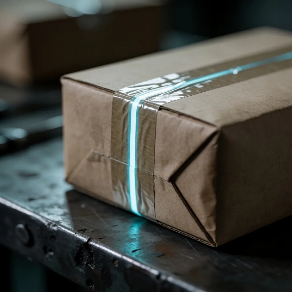 A sealed parcel resting on a dark workshop bench under cool cyan lighting