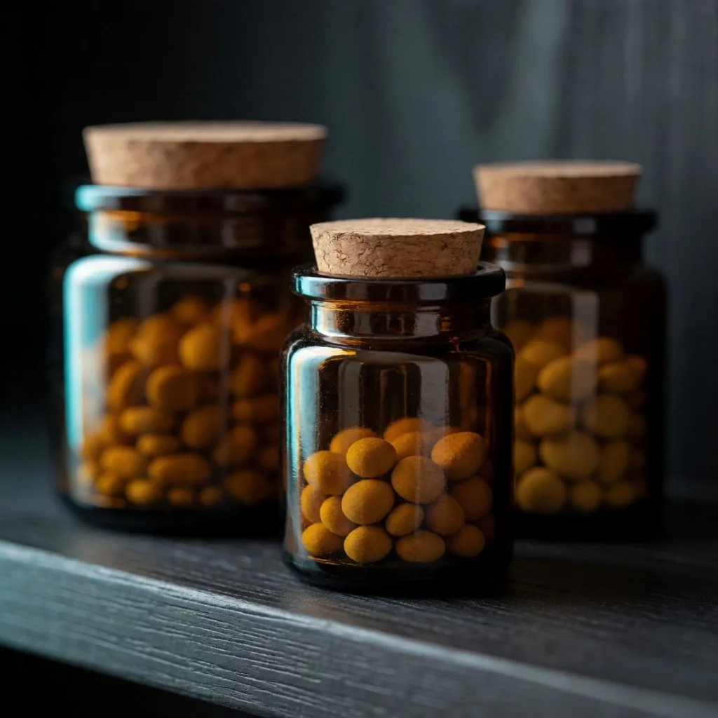 Supplement bottles on a dark shelf