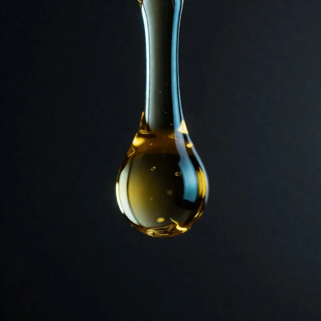 Golden droplet of Vitamin D3 oil against a dark background