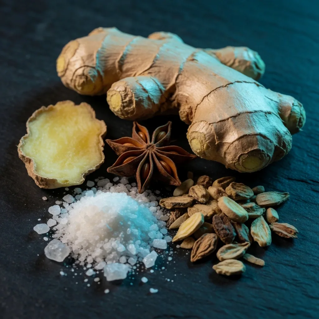 Botanical ingredients on a dark surface