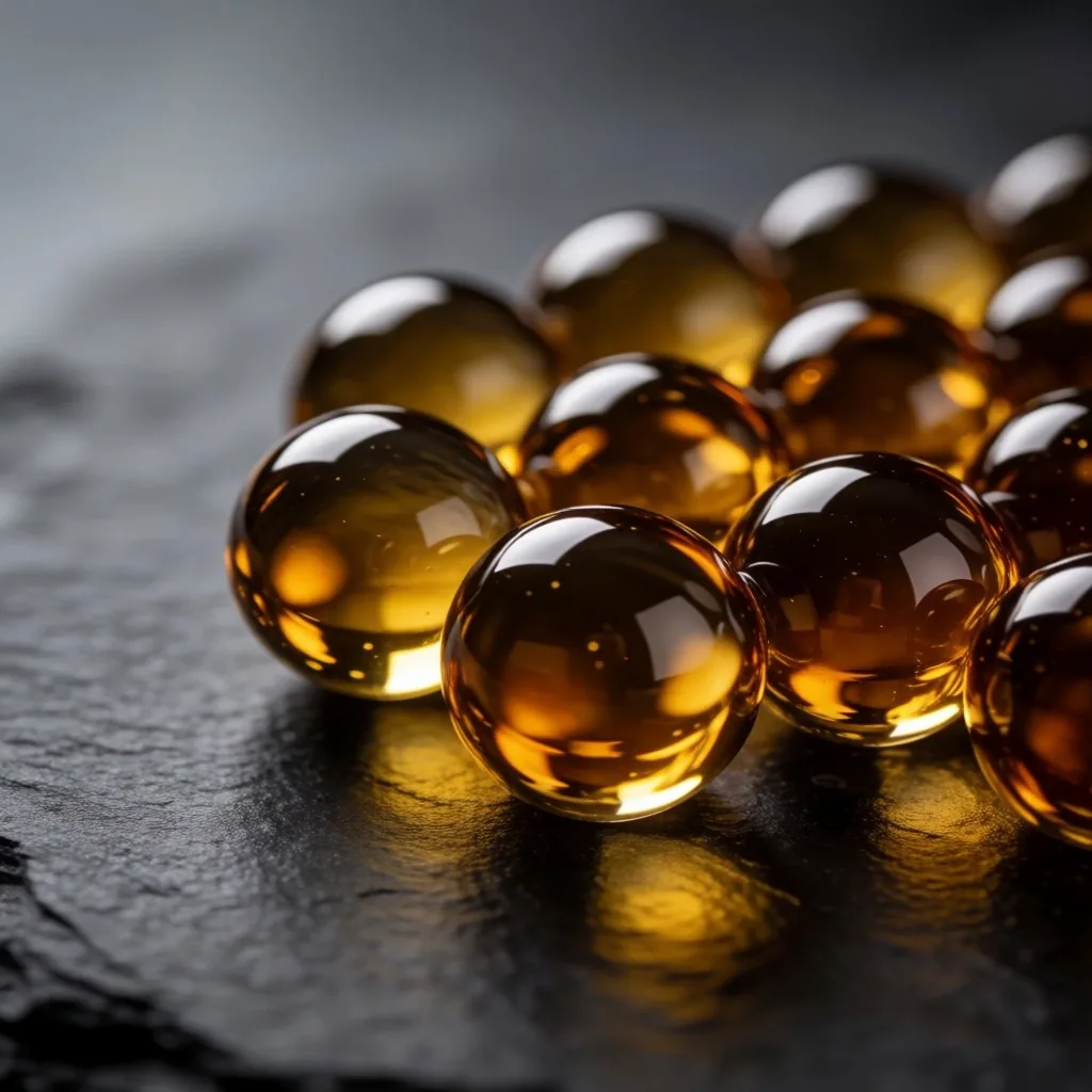 Vitamin D oil droplets on a dark surface